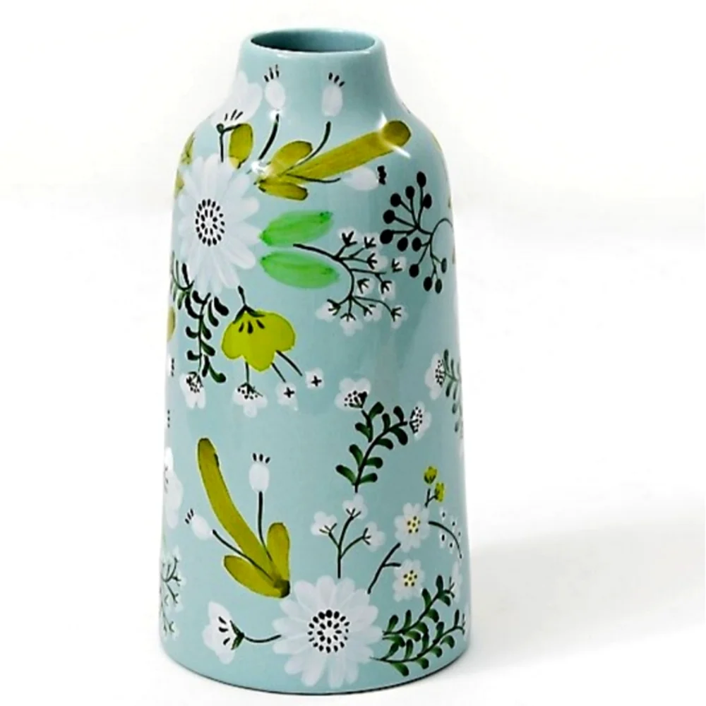 💥BUY 2 GET 1 FREE  Floral Ceramic Vase with Green/White Accents, Hand Painted,